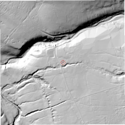 Shaded relief map of the ground around CA93HB, computed from Environment Agency LiDAR. The ground here sits at about 430 m above sea level and falls 104 m across the surrounding 800 m. Surface water reaching this point runs off ground lying to the east-south-east, 36.7 m higher.