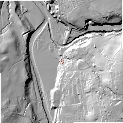 Shaded relief map of the ground around CA93HZ, computed from Environment Agency LiDAR. The ground here sits at about 271 m above sea level and falls 64 m across the surrounding 800 m. Surface water reaching this point runs off ground lying to the east-south-east, 53.3 m higher.