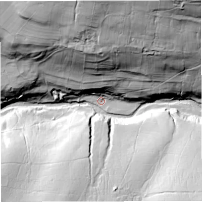 Shaded relief map of the ground around CA93JT, computed from Environment Agency LiDAR. The ground here sits at about 292 m above sea level and falls 102 m across the surrounding 800 m. Surface water reaching this point runs off ground lying to the north-north-east, 80.2 m higher.