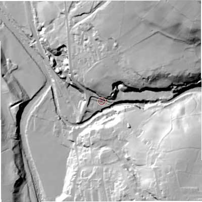 Shaded relief map of the ground around CA93JX, computed from Environment Agency LiDAR. The ground here sits at about 272 m above sea level and falls 95 m across the surrounding 800 m. Surface water reaching this point runs off ground lying to the north-east, 82.5 m higher.