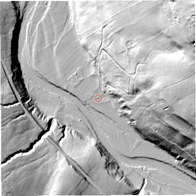Shaded relief map of the ground around CA93LA, computed from Environment Agency LiDAR. The ground here sits at about 237 m above sea level and falls 118 m across the surrounding 800 m. Surface water reaching this point runs off ground lying to the east-north-east, 84.9 m higher.