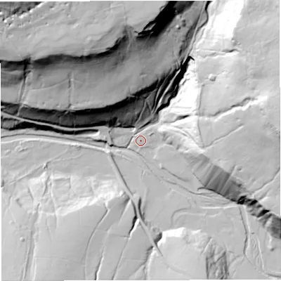 Shaded relief map of the ground around CA93LE, computed from Environment Agency LiDAR. The ground here sits at about 336 m above sea level and falls 85 m across the surrounding 800 m. Surface water reaching this point runs off ground lying to the north-east, 76.0 m higher.