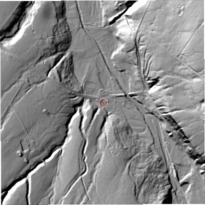 Shaded relief map of the ground around CA93LQ, computed from Environment Agency LiDAR. The ground here sits at about 354 m above sea level and falls 67 m across the surrounding 800 m. Surface water reaching this point runs off ground lying to the south, 33.6 m higher.
