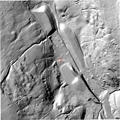 Shaded relief map of the ground around CA93LS, computed from Environment Agency LiDAR. The ground here sits at about 424 m above sea level and falls 108 m across the surrounding 800 m. Surface water reaching this point runs off ground lying to the south-west, 74.8 m higher.