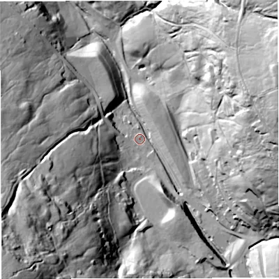 Shaded relief map of the ground around CA93LU, computed from Environment Agency LiDAR. The ground here sits at about 421 m above sea level and falls 104 m across the surrounding 800 m. Surface water reaching this point runs off ground lying to the south-west, 92.5 m higher.
