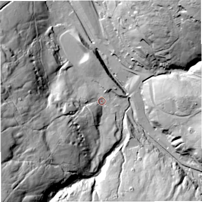 Shaded relief map of the ground around CA93NP, computed from Environment Agency LiDAR. The ground here sits at about 435 m above sea level and falls 101 m across the surrounding 800 m. Surface water reaching this point runs off ground lying to the south-west, 86.6 m higher.
