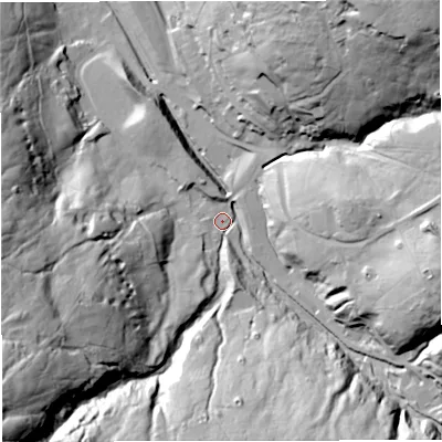 Shaded relief map of the ground around CA93NR, computed from Environment Agency LiDAR. The ground here sits at about 434 m above sea level and falls 85 m across the surrounding 800 m. Surface water reaching this point runs off ground lying to the south-west, 73.6 m higher.