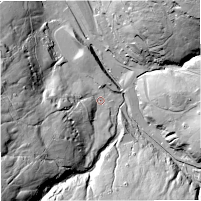 Shaded relief map of the ground around CA93NT, computed from Environment Agency LiDAR. The ground here sits at about 435 m above sea level and falls 100 m across the surrounding 800 m. Surface water reaching this point runs off ground lying to the south-west, 82.9 m higher.
