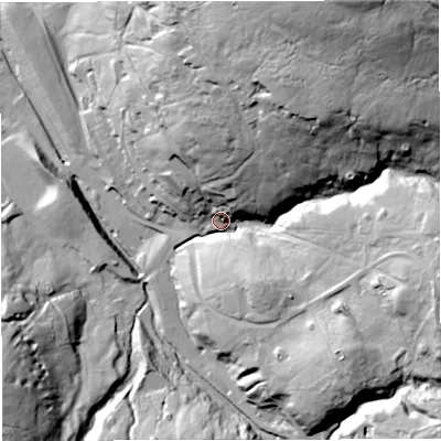 Shaded relief map of the ground around CA93PE, computed from Environment Agency LiDAR. The ground here sits at about 442 m above sea level and falls 113 m across the surrounding 800 m. Surface water reaching this point runs off ground lying to the north-east, 93.5 m higher.