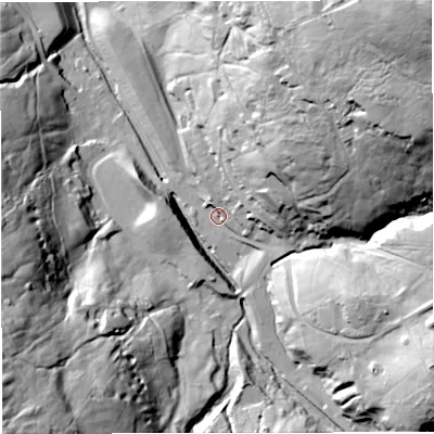 Shaded relief map of the ground around CA93PF, computed from Environment Agency LiDAR. The ground here sits at about 431 m above sea level and falls 105 m across the surrounding 800 m. Surface water reaching this point runs off ground lying to the north-east, 81.9 m higher.