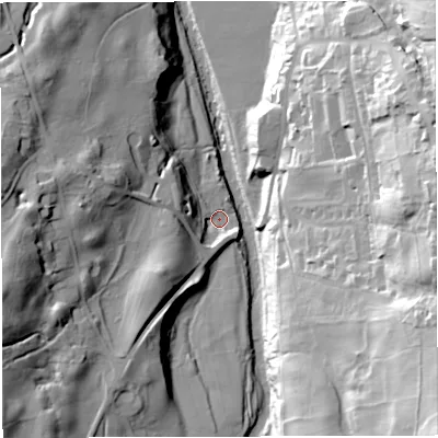 Shaded relief map of the ground around CA93RP, computed from Environment Agency LiDAR. The ground here sits at about 269 m above sea level and falls 56 m across the surrounding 800 m. Surface water reaching this point runs off ground lying to the west-south-west, 32.6 m higher.