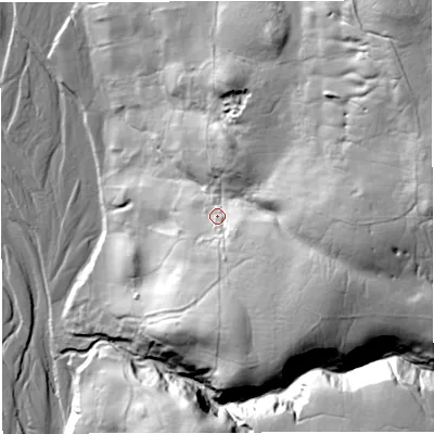 Shaded relief map of the ground around CA93UH, computed from Environment Agency LiDAR. The ground here sits at about 315 m above sea level and falls 89 m across the surrounding 800 m. Surface water reaching this point runs off ground lying to the south-east, 22.9 m higher.
