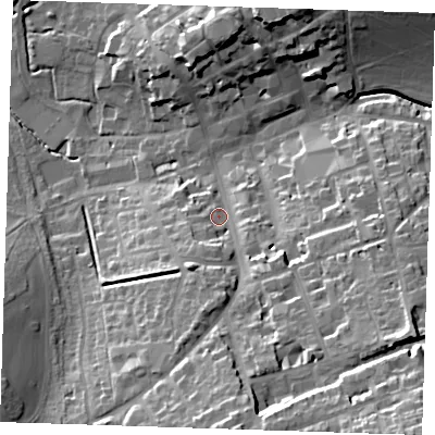 Shaded relief map of the ground around CB101AA, computed from Environment Agency LiDAR. The ground here sits at about 55 m above sea level and falls 36 m across the surrounding 800 m. Surface water reaching this point runs off ground lying to the south, 22.5 m higher.