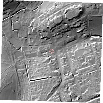 Shaded relief map of the ground around CB101AE, computed from Environment Agency LiDAR. The ground here sits at about 50 m above sea level and falls 28 m across the surrounding 800 m. Surface water reaching this point runs off ground lying to the south-east, 23.5 m higher.