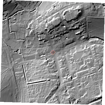 Shaded relief map of the ground around CB101AF, computed from Environment Agency LiDAR. The ground here sits at about 51 m above sea level and falls 29 m across the surrounding 800 m. Surface water reaching this point runs off ground lying to the south-east, 24.3 m higher.