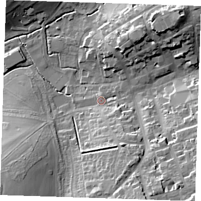 Shaded relief map of the ground around CB101AG, computed from Environment Agency LiDAR. The ground here sits at about 51 m above sea level and falls 28 m across the surrounding 800 m. Surface water reaching this point runs off ground lying to the south-east, 25.2 m higher.