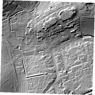 Shaded relief map of the ground around CB101AR, computed from Environment Agency LiDAR. The ground here sits at about 50 m above sea level and falls 28 m across the surrounding 800 m. Surface water reaching this point runs off ground lying to the south-east, 23.4 m higher.