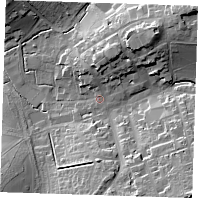 Shaded relief map of the ground around CB101AS, computed from Environment Agency LiDAR. The ground here sits at about 51 m above sea level and falls 28 m across the surrounding 800 m. Surface water reaching this point runs off ground lying to the north-north-east, 16.4 m higher.