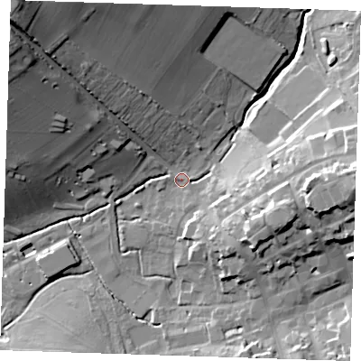 Shaded relief map of the ground around CB101BT, computed from Environment Agency LiDAR. The ground here sits at about 48 m above sea level and falls 41 m across the surrounding 800 m. Surface water reaching this point runs off ground lying to the north-north-west, 26.6 m higher.