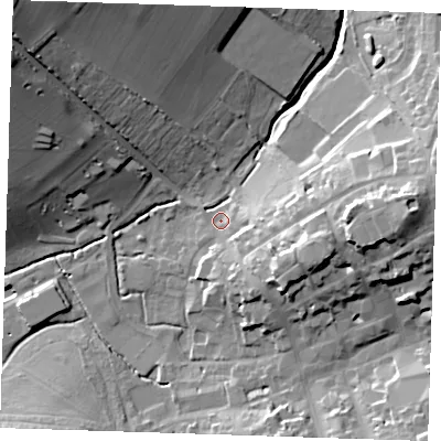 Shaded relief map of the ground around CB101BU, computed from Environment Agency LiDAR. The ground here sits at about 48 m above sea level and falls 35 m across the surrounding 800 m. Surface water reaching this point runs off ground lying to the east, 22.1 m higher.