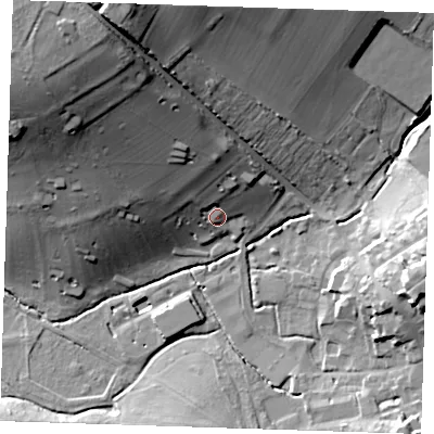 Shaded relief map of the ground around CB101BX, computed from Environment Agency LiDAR. The ground here sits at about 52 m above sea level and falls 43 m across the surrounding 800 m. Surface water reaching this point runs off ground lying to the north-north-west, 25.5 m higher.