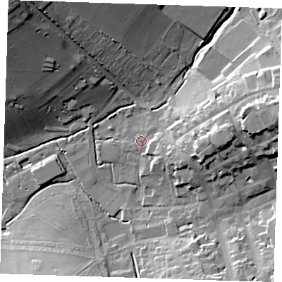 Shaded relief map of the ground around CB101BY, computed from Environment Agency LiDAR. The ground here sits at about 48 m above sea level and falls 38 m across the surrounding 800 m. Surface water reaching this point runs off ground lying to the east-south-east, 8.3 m higher.