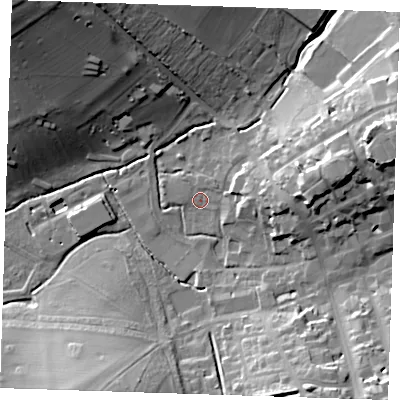 Shaded relief map of the ground around CB101BZ, computed from Environment Agency LiDAR. The ground here sits at about 47 m above sea level and falls 35 m across the surrounding 800 m. Surface water reaching this point runs off ground lying to the east, 20.7 m higher.