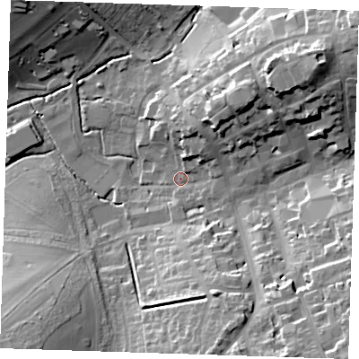Shaded relief map of the ground around CB101DA, computed from Environment Agency LiDAR. The ground here sits at about 49 m above sea level and falls 25 m across the surrounding 800 m. Surface water reaching this point runs off ground lying to the south-east, 22.1 m higher.