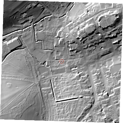 Shaded relief map of the ground around CB101DB, computed from Environment Agency LiDAR. The ground here sits at about 48 m above sea level and falls 27 m across the surrounding 800 m. Surface water reaching this point runs off ground lying to the south-east, 23.4 m higher.