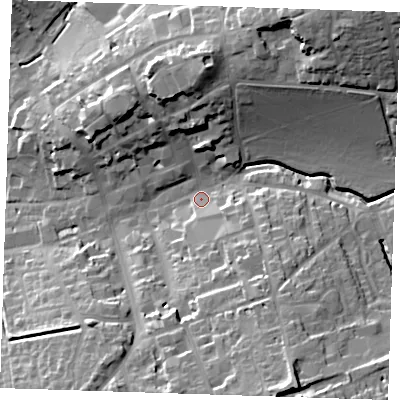 Shaded relief map of the ground around CB101ED, computed from Environment Agency LiDAR. The ground here sits at about 53 m above sea level and falls 32 m across the surrounding 800 m. Surface water reaching this point runs off ground lying to the north-east, 27.5 m higher.