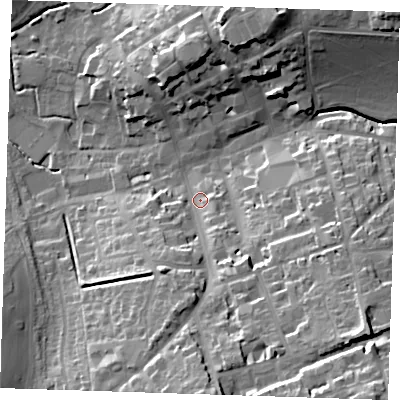 Shaded relief map of the ground around CB101EE, computed from Environment Agency LiDAR. The ground here sits at about 53 m above sea level and falls 32 m across the surrounding 800 m. Surface water reaching this point runs off ground lying to the south, 22.7 m higher.