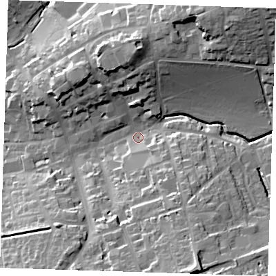 Shaded relief map of the ground around CB101EH, computed from Environment Agency LiDAR. The ground here sits at about 53 m above sea level and falls 33 m across the surrounding 800 m. Surface water reaching this point runs off ground lying to the north-east, 27.9 m higher.