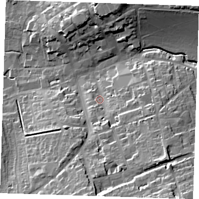 Shaded relief map of the ground around CB101EJ, computed from Environment Agency LiDAR. The ground here sits at about 55 m above sea level and falls 34 m across the surrounding 800 m. Surface water reaching this point runs off ground lying to the south, 23.3 m higher.