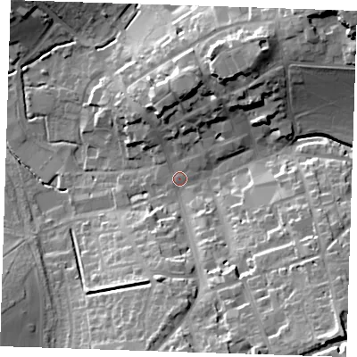 Shaded relief map of the ground around CB101EP, computed from Environment Agency LiDAR. The ground here sits at about 51 m above sea level and falls 29 m across the surrounding 800 m. Surface water reaching this point runs off ground lying to the south-east, 24.6 m higher.