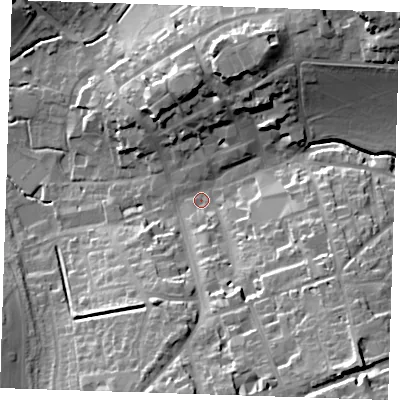 Shaded relief map of the ground around CB101EQ, computed from Environment Agency LiDAR. The ground here sits at about 51 m above sea level and falls 29 m across the surrounding 800 m. Surface water reaching this point runs off ground lying to the south-east, 24.6 m higher.