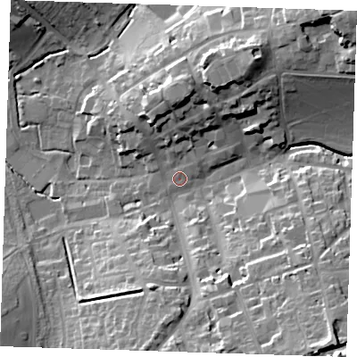 Shaded relief map of the ground around CB101ER, computed from Environment Agency LiDAR. The ground here sits at about 51 m above sea level and falls 30 m across the surrounding 800 m. Surface water reaching this point runs off ground lying to the north-north-east, 15.7 m higher.