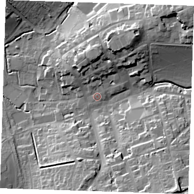 Shaded relief map of the ground around CB101EU, computed from Environment Agency LiDAR. The ground here sits at about 52 m above sea level and falls 30 m across the surrounding 800 m. Surface water reaching this point runs off ground lying to the north-north-east, 15.5 m higher.