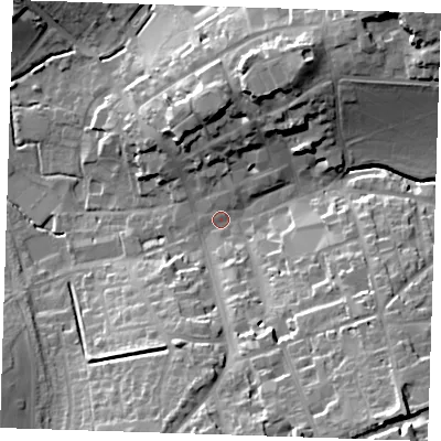 Shaded relief map of the ground around CB101EW, computed from Environment Agency LiDAR. The ground here sits at about 51 m above sea level and falls 29 m across the surrounding 800 m. Surface water reaching this point runs off ground lying to the south-east, 24.6 m higher.