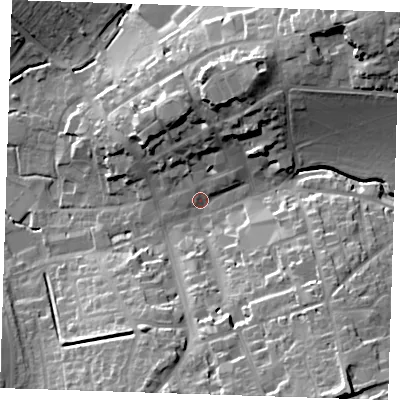 Shaded relief map of the ground around CB101EX, computed from Environment Agency LiDAR. The ground here sits at about 52 m above sea level and falls 32 m across the surrounding 800 m. Surface water reaching this point runs off ground lying to the north-north-east, 19.2 m higher.