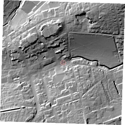 Shaded relief map of the ground around CB101FD, computed from Environment Agency LiDAR. The ground here sits at about 53 m above sea level and falls 35 m across the surrounding 800 m. Surface water reaching this point runs off ground lying to the north-east, 31.6 m higher.