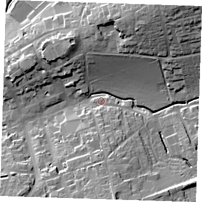 Shaded relief map of the ground around CB101FH, computed from Environment Agency LiDAR. The ground here sits at about 55 m above sea level and falls 35 m across the surrounding 800 m. Surface water reaching this point runs off ground lying to the north-east, 31.8 m higher.