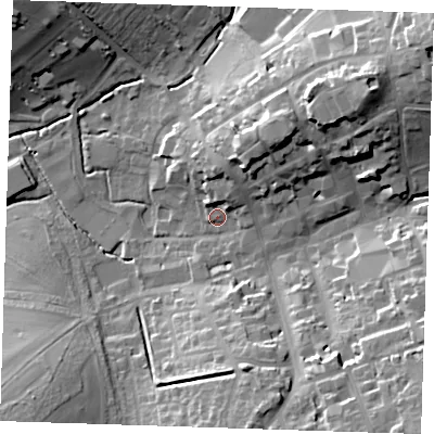 Shaded relief map of the ground around CB101FP, computed from Environment Agency LiDAR. The ground here sits at about 50 m above sea level and falls 26 m across the surrounding 800 m. Surface water reaching this point runs off ground lying to the north-north-east, 5.8 m higher.
