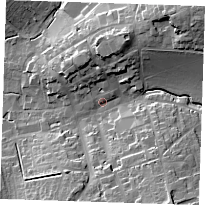 Shaded relief map of the ground around CB101HA, computed from Environment Agency LiDAR. The ground here sits at about 53 m above sea level and falls 33 m across the surrounding 800 m. Surface water reaching this point runs off ground lying to the north-north-east, 18.9 m higher.