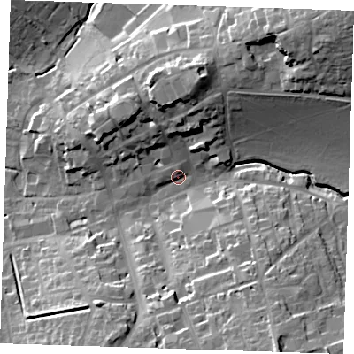 Shaded relief map of the ground around CB101HB, computed from Environment Agency LiDAR. The ground here sits at about 54 m above sea level and falls 34 m across the surrounding 800 m. Surface water reaching this point runs off ground lying to the north, 3.1 m higher.