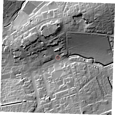 Shaded relief map of the ground around CB101HZ, computed from Environment Agency LiDAR. The ground here sits at about 53 m above sea level and falls 35 m across the surrounding 800 m. Surface water reaching this point runs off ground lying to the north-north-east, 12.8 m higher.