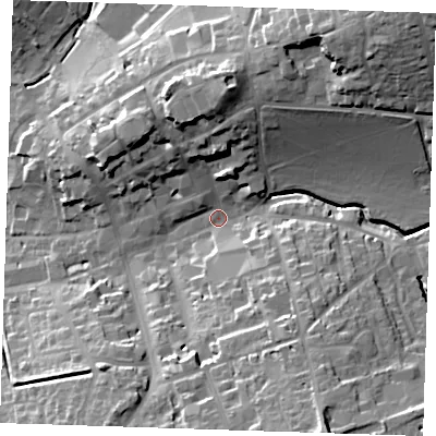 Shaded relief map of the ground around CB101JD, computed from Environment Agency LiDAR. The ground here sits at about 53 m above sea level and falls 34 m across the surrounding 800 m. Surface water reaching this point runs off ground lying to the north-east, 29.0 m higher.