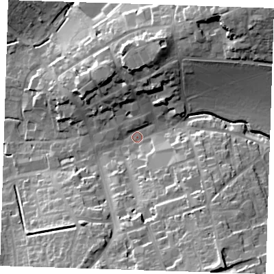 Shaded relief map of the ground around CB101JZ, computed from Environment Agency LiDAR. The ground here sits at about 52 m above sea level and falls 33 m across the surrounding 800 m. Surface water reaching this point runs off ground lying to the north-north-east, 13.8 m higher.