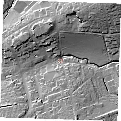 Shaded relief map of the ground around CB101LH, computed from Environment Agency LiDAR. The ground here sits at about 53 m above sea level and falls 35 m across the surrounding 800 m. Surface water reaching this point runs off ground lying to the north-east, 31.9 m higher.