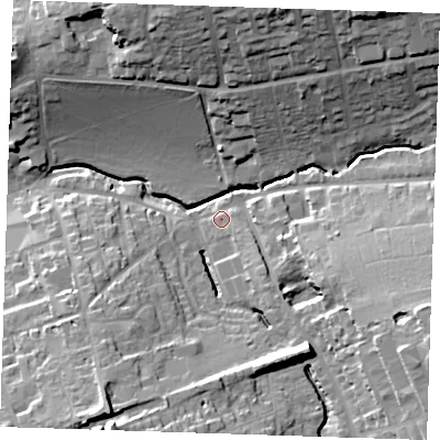 Shaded relief map of the ground around CB101LR, computed from Environment Agency LiDAR. The ground here sits at about 57 m above sea level and falls 28 m across the surrounding 800 m. Surface water reaching this point runs off ground lying to the east-south-east, 13.3 m higher.