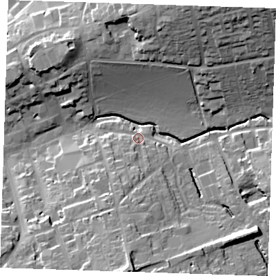Shaded relief map of the ground around CB101LS, computed from Environment Agency LiDAR. The ground here sits at about 56 m above sea level and falls 30 m across the surrounding 800 m. Surface water reaching this point runs off ground lying to the south, 7.0 m higher.